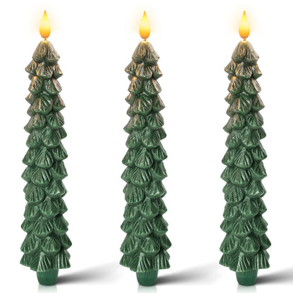 Homemory 3 PCS Flameless Taper Candles with 6-Hours Timer, 9.7 Inches Christmas Tree Candlesticks, Real Wax Battery Operated Window Candles with 3D Flickering Flame for Fireplace Christmas