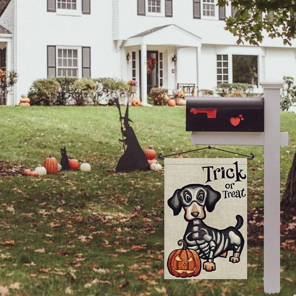 Halloween Trick or Treat Garden Flag Ghost Dog 12x18 Inch Small Double Sided Burlap Welcome Yard Dachshund Skeleton Outside Decorations DF342