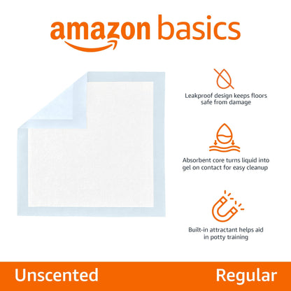 Amazon Basics Dog and Puppy Pee Pads, 5-Layer Leak-Proof Super Absorbent, Quick-Dry Surface, Potty Training, Regular (22x22"), 100 Count, Blue & White