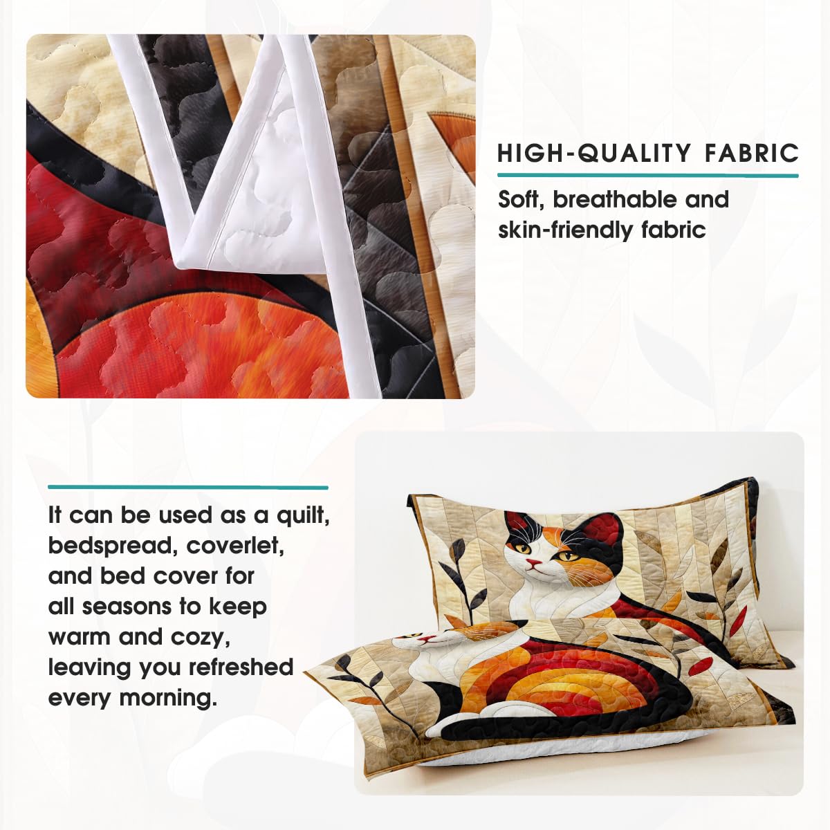 Jeminise Cat Quilt Set - Cat Patchwork Style Printed Bedding, Animal Patchwork Bedset, Farmhouse Blanket with Pillowcases, Premium Quilt Pattern Bedding Set, Twin Full Queen Size