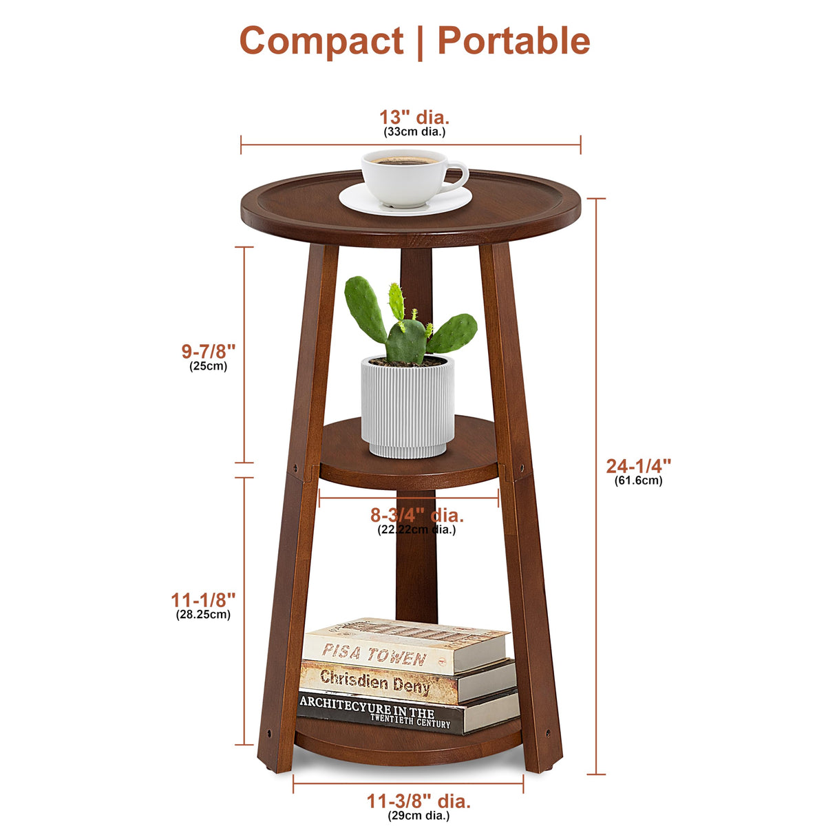QILOXENTRA 3-Tier Round Side Table, Solid Wood End Table & Nightstand for Small Spaces, Compact Accent Table for Living Room, Bedroom, Office (Red Brown Finish)