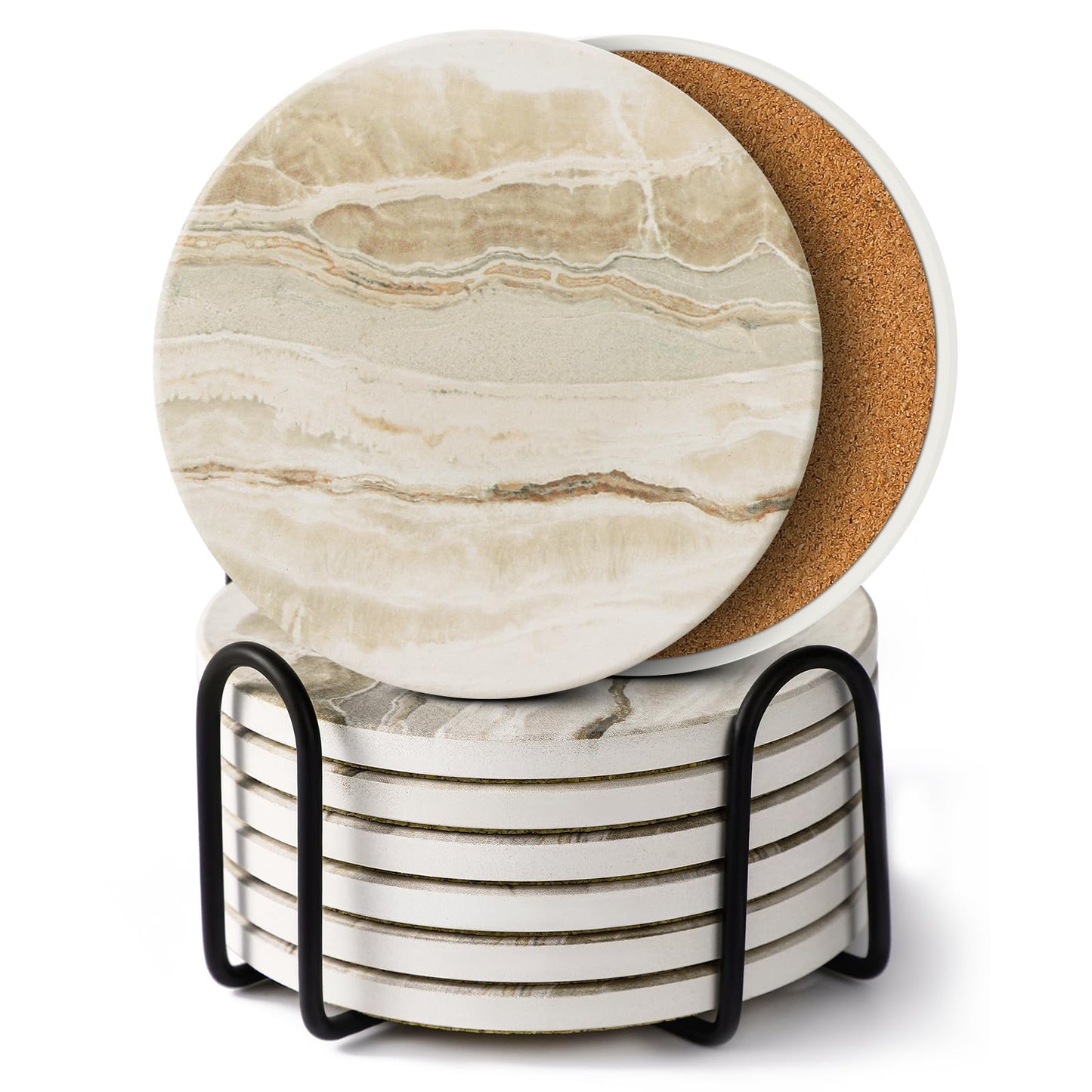 LlFVER Coasters Set of 8, Absorbent Drink Coaster with Holder, Marble Style Ceramic Stone Coasters for Drinks Coffee Tabletop Protection, Modern Furniture Coaster for Home Decor House Warming Gifts