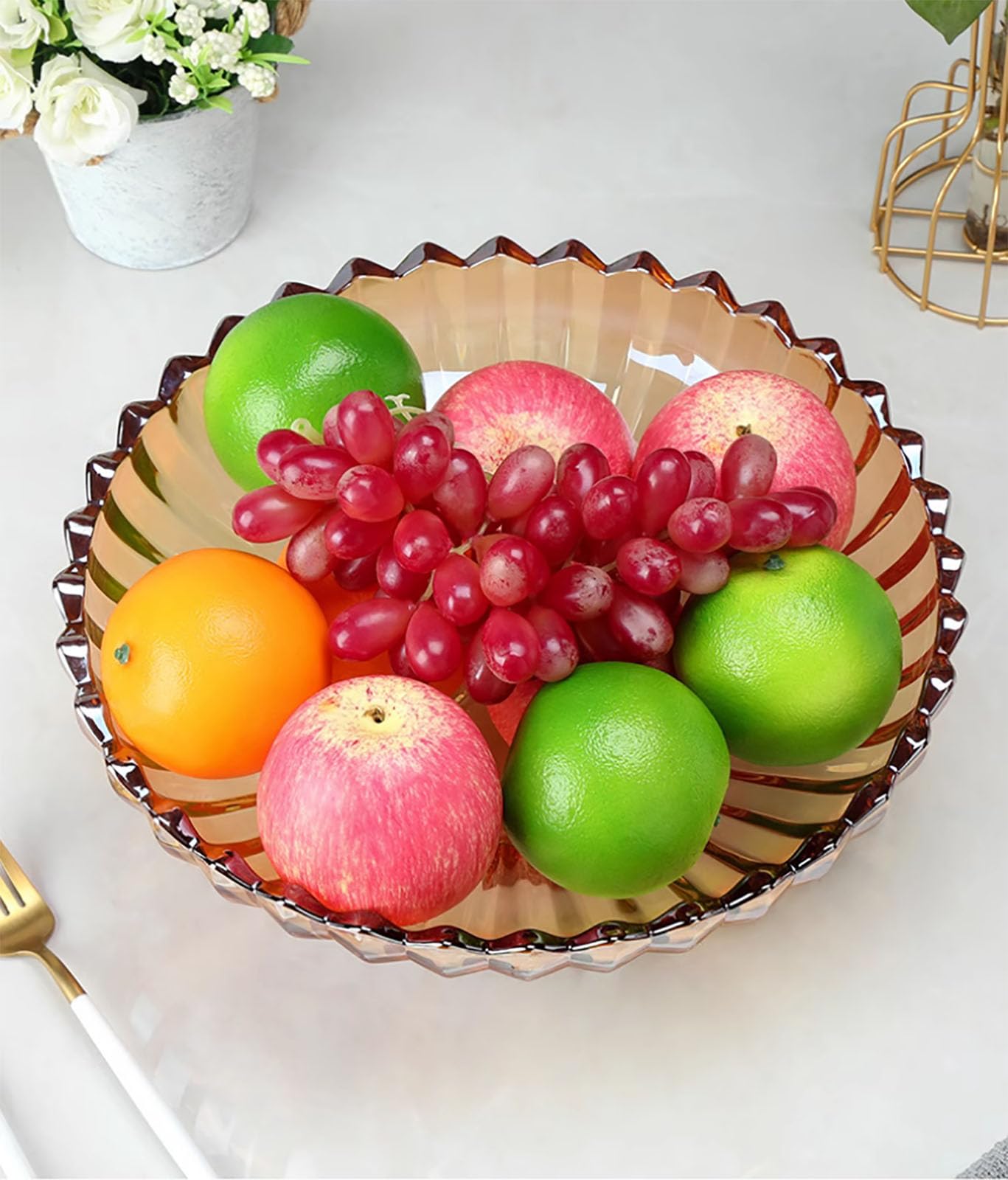 Rxcvkmw Glass Fruit Bowl or Decorative Bowl, used for Kitchen counter or living room center table decoration, 12.5 inch Fruit Bowl or Center Bowl (Amber)