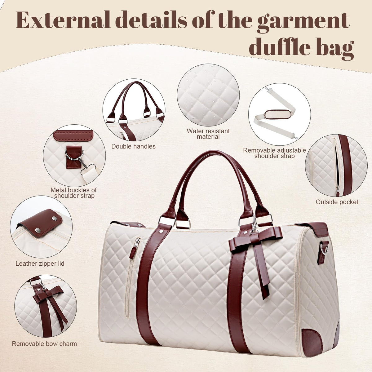 GARPROVM Garment Bags for Travel Women, 3 in 1 Convertible Garment Duffle Bags with Separated Tote Bag, Waterproof Suit Bag Travel Carry On Luggage Weekender Bag for Business Trip, Beige