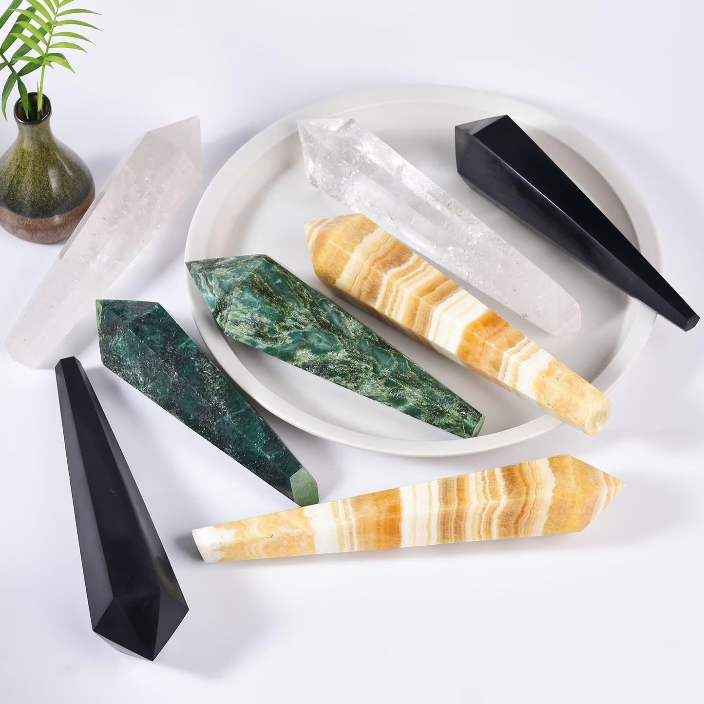 White Crystal Wand Point Long Healing Crystal Scepter Decorative Stone Reiki Meditation with Display Stand Home Office Decor 0.6-0.8LBS