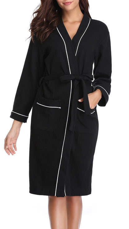 Vlazom Waffle Dressing Gowns Unisex Kimono Robe Cotton Lightweight Bathrobe for All Seasons Spa Hotel Sleepwear, Black-style a, L