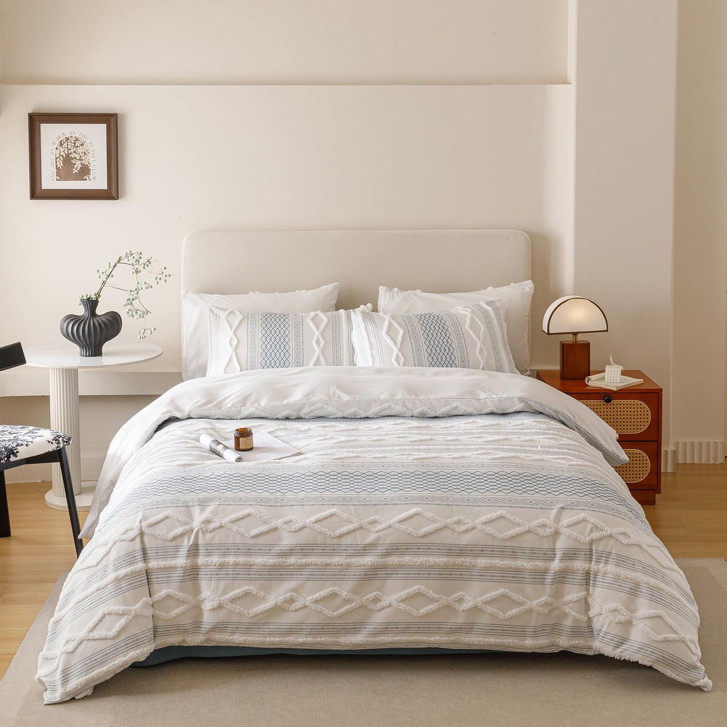 KAREVER Ivory Blue Boho Comforter Set Full Mixed Textures Jacquard Bedding Set Durable Chic and Stylish Bedroom Set