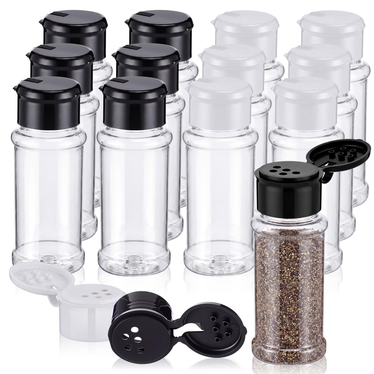 Mifoci 12 Pcs Plastic Salt and Pepper Shakers with Lid 3.5 oz Clear Moisture Proof Spice Dispenser Refillable Seasoning Container Storage Bottles for Kitchen Camping BBQ Black White