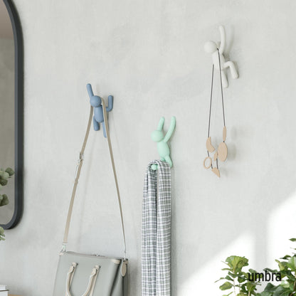 Umbra Buddy Wall Hooks – Decorative Wall Mounted Coat Hooks for Hanging Coats, Scarves, Bags, Purses, Backpacks, Towels and More, Set of 3, White/Grey/Mint