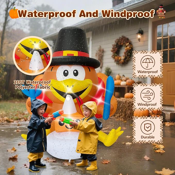 Thanksgiving Inflatables Turkey Outdoor Decorations 5FT Fall Inflatable Turkey with Built-in LED Lights with Cake Blow up Outdoor Lawn Yard Decoration