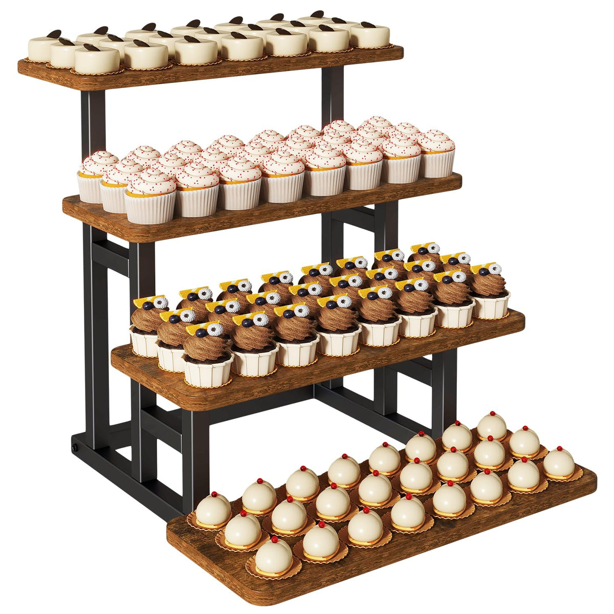 IBUYKE 4 Tier cupcake stand,Wooden Risers Display Stands,Tiered Display Stand for food,Dessert Table Display for Party,Afternoon tea, Family Gatherings,Rustic Brown UTLJ018H