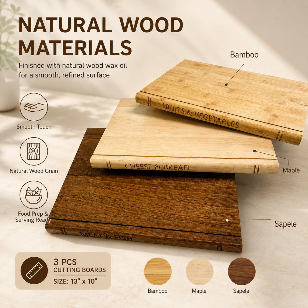 Book Shaped Cutting Board Set with Walnut Stand, 3 PCS Wooden Cutting Boards (13"x10"), Maple Sapele & Bamboo Charcuterie Serving Boards, Decorative Kitchen Decor Gift for Housewarming (1Set)
