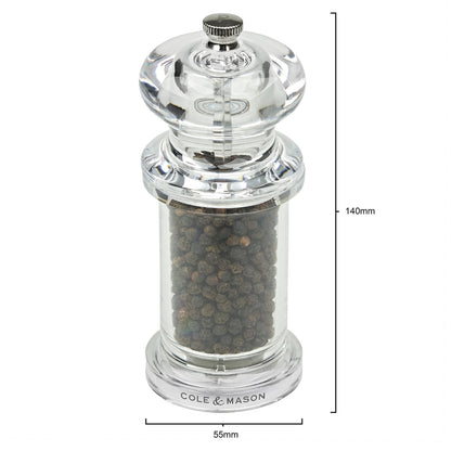 Cole & Mason H50501P 505 Clear Pepper Mill, Precision+, Acrylic, 140 mm, Single, Includes 1 x Pepper Grinder