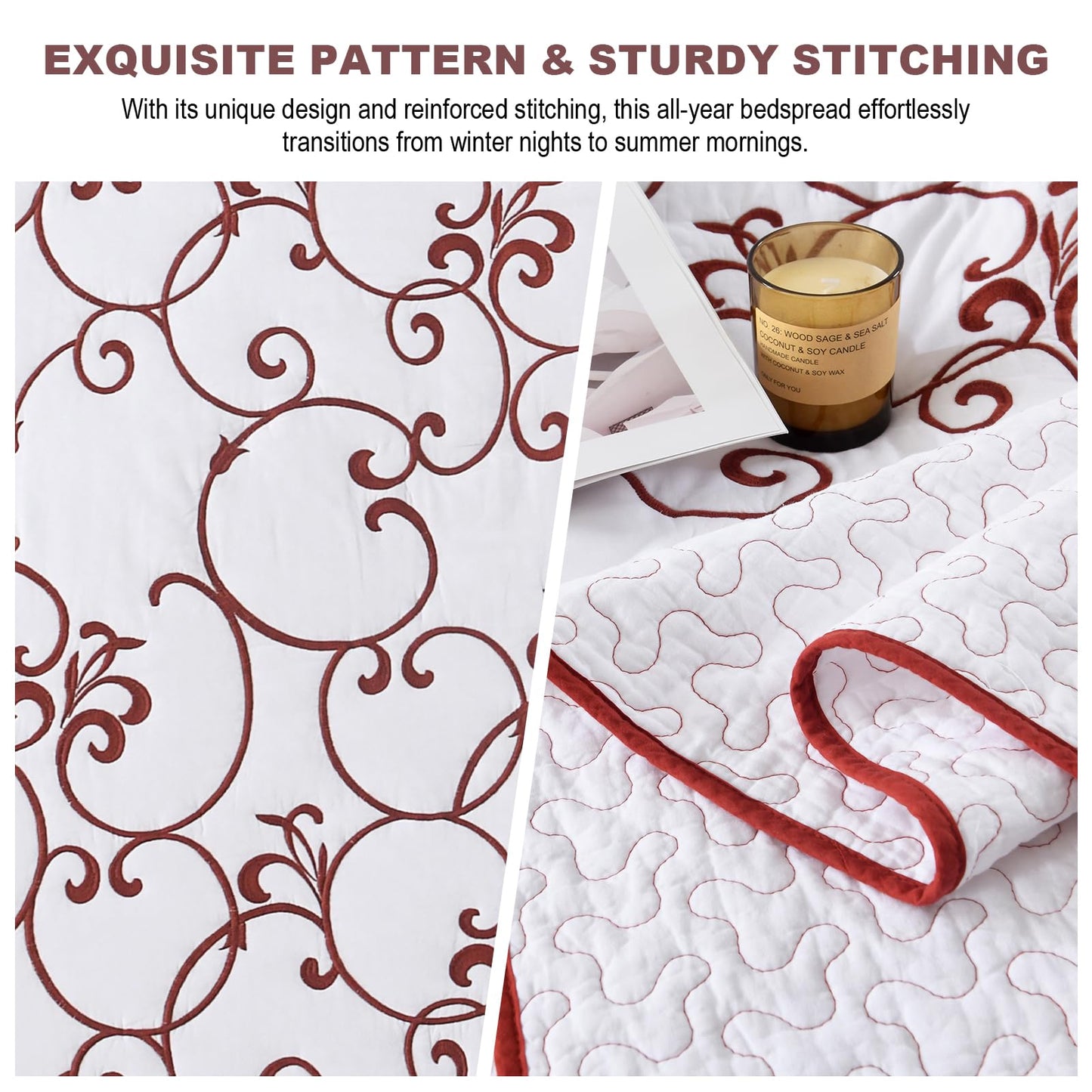 FineStichery Oversized Queen Bedspread 120"x102" - 100% Cotton Extra Large Quilt, Embroidered Bedspread Coverlet with Pillow Shams, Lightweight Quilted Bedding Set 3 Piece, Burgundy/White