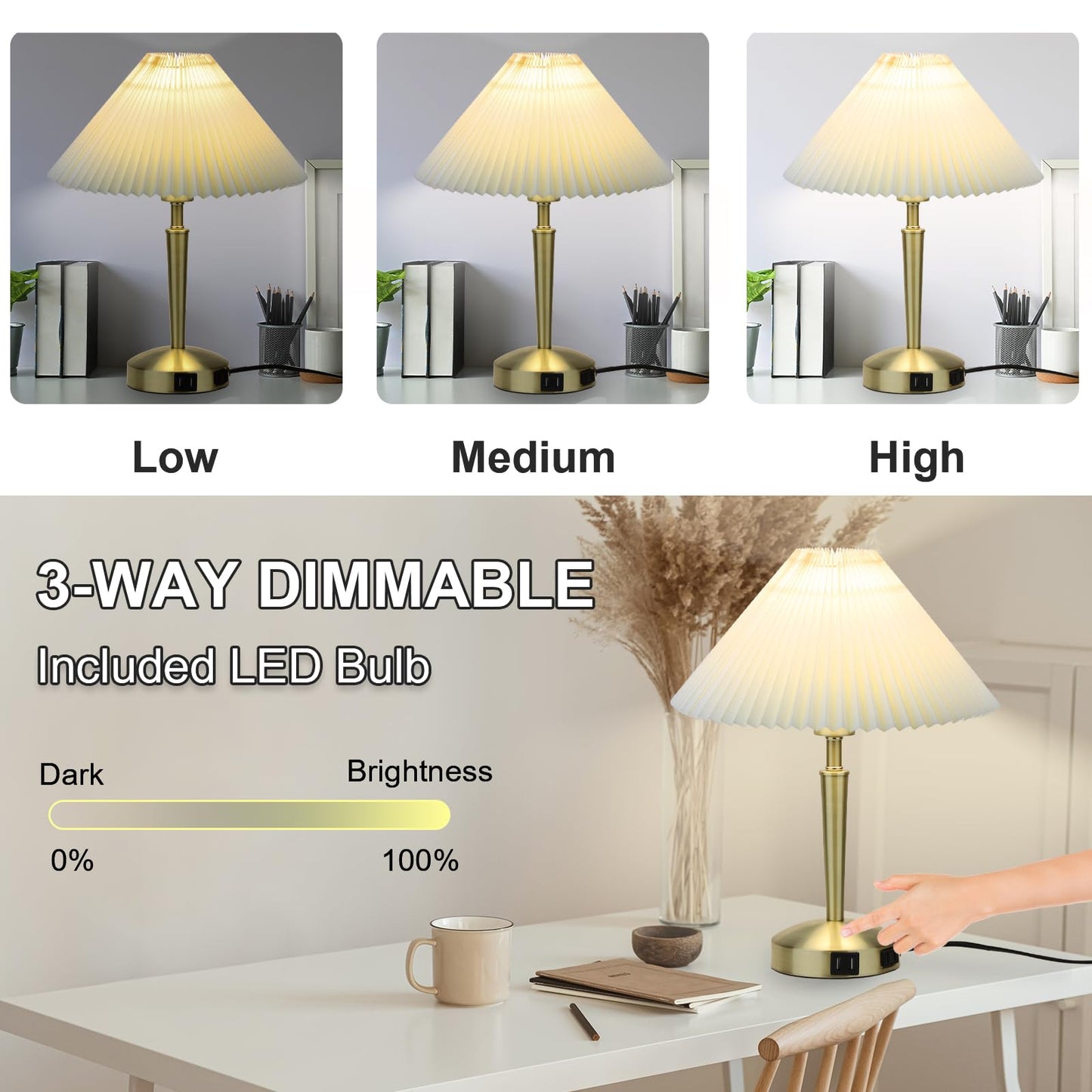 Touch Bedside Table Lamp - Modern Small Lamp for Bedroom Living Room Nightstand, Desk lamp with Fabric Lamp Shade, Warm LED Bulb, 3 Way Dimmable, Simple Design Mother's Day Gifts (Gold)