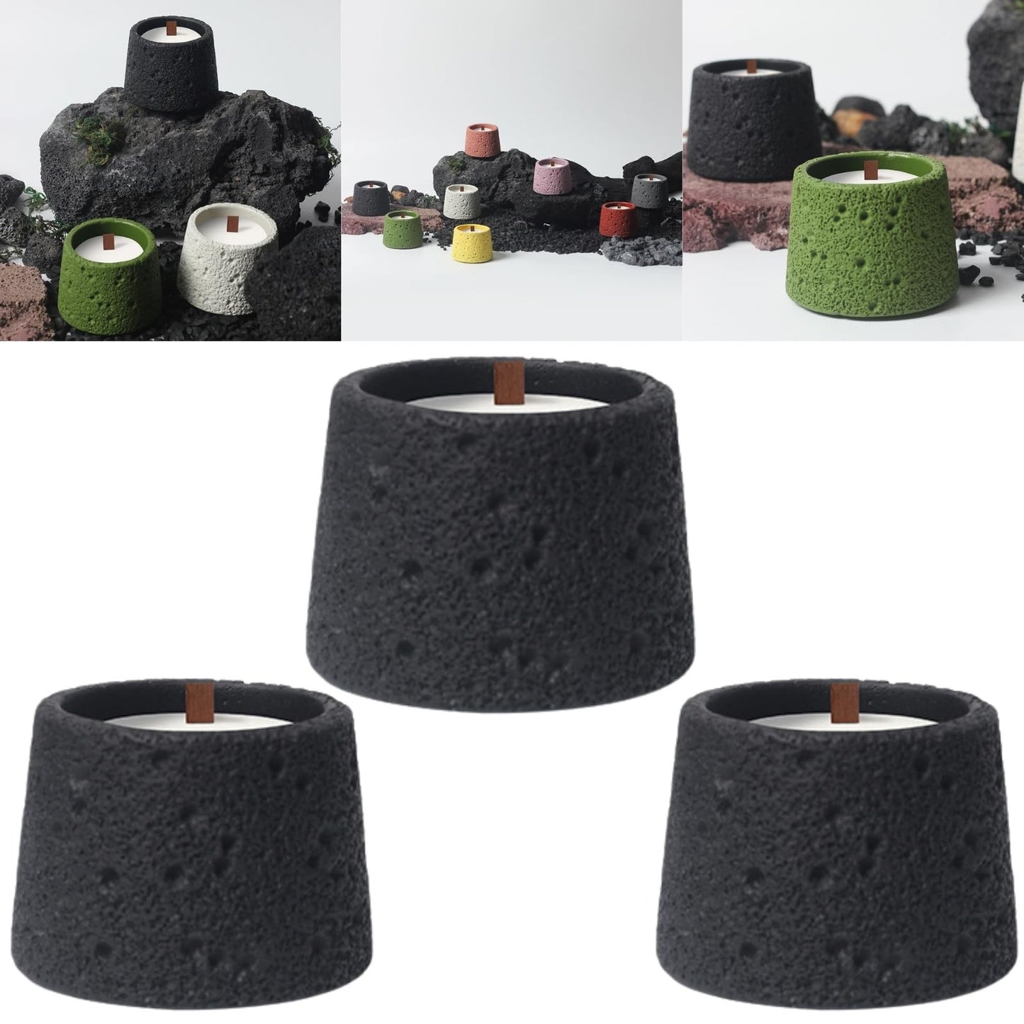 Boxonly 3-Pack Nordic Cement Tealight Candle Holders – Black Empty Candle Containers for Home Décor, Minimalist Stone Design, Ideal for Aromatherapy and Gifts (No Wax)