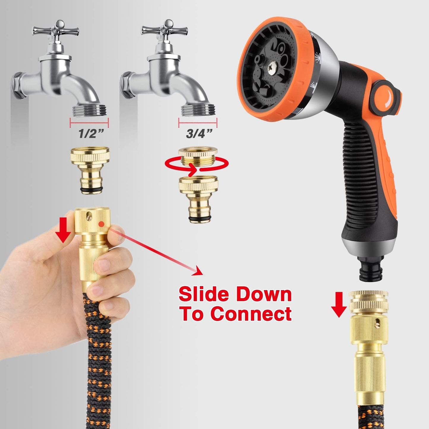 Expandable Hose Pipe 100FT, Upgraded 3-Layer Latex No-Kink Flexible Garden Hose, 3/4"&1/2" Metal Connectors, 10 Function Spray Nozzle, Water Hose for Gardening, Washing & Cleaning (100ft/30m)