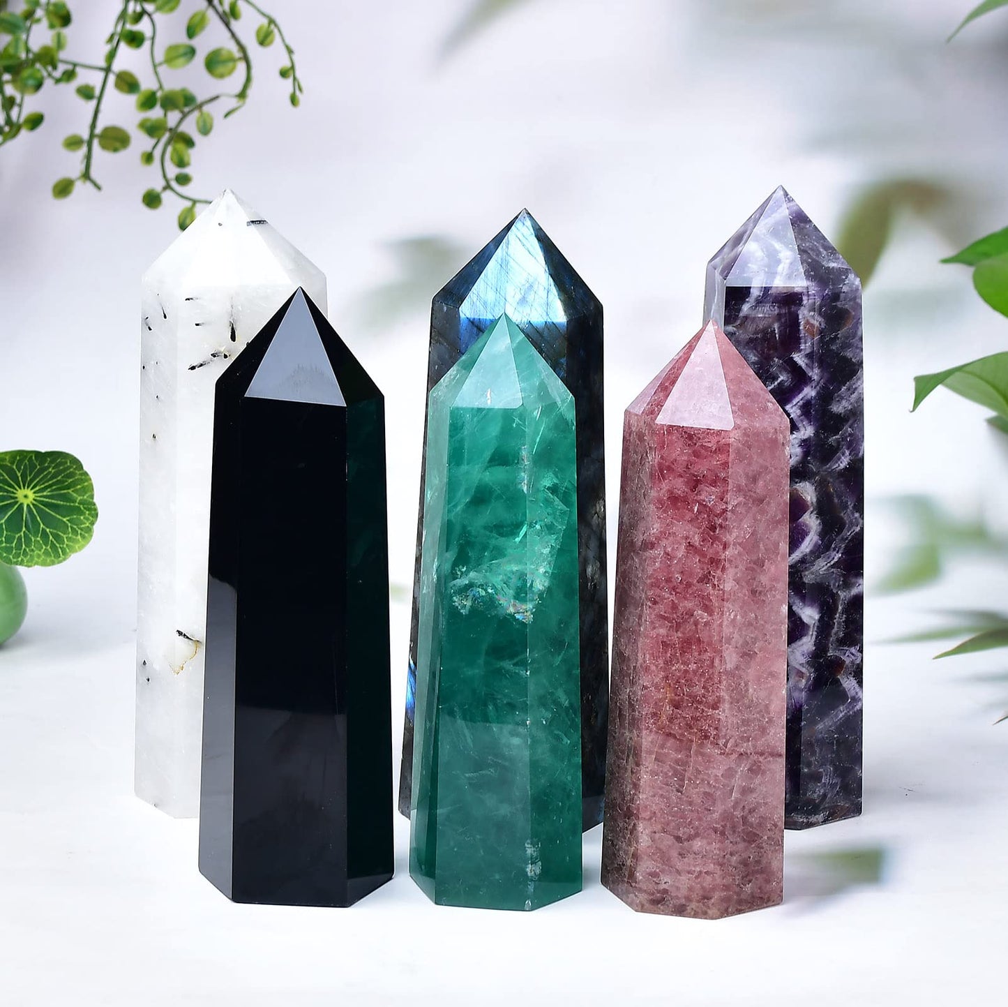 FZBHRO Large Green Fluorite Quartz Towers Crystal Point Obelisk 6 Faceted Healing Crystal Stone Wand for Beginer Meditation Gift 2.2-2.6 Pound