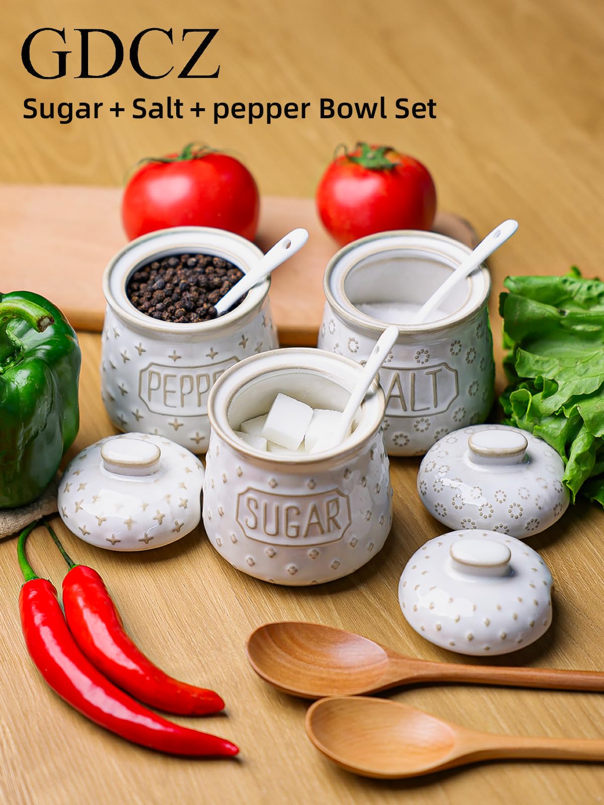 GDCZ 10 Oz Sugar Pepper and Salt Bowls with Lid and Spoon, Ceramics Seasoning Container, Seasoning Jar Spice Container for Kitchen,Dishwasher Safe, Set of 3 (White)