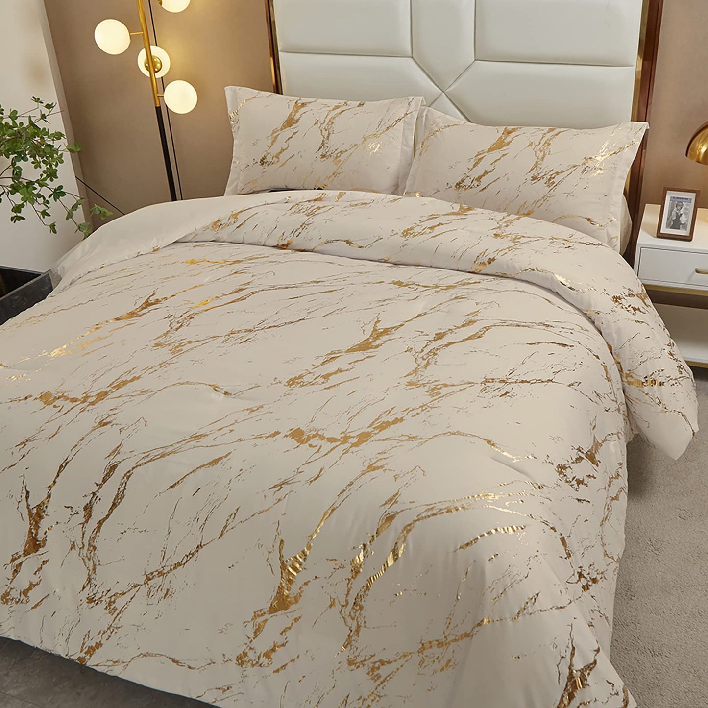 WONGS BEDDING Khaki Gold Metallic Marble Comforter Set Queen Foil Print Glitter Bedding Sets with 2 Pillowcases for All Seasons, Soft Microfiber Filling Bedding Duvet Set 90"x90"