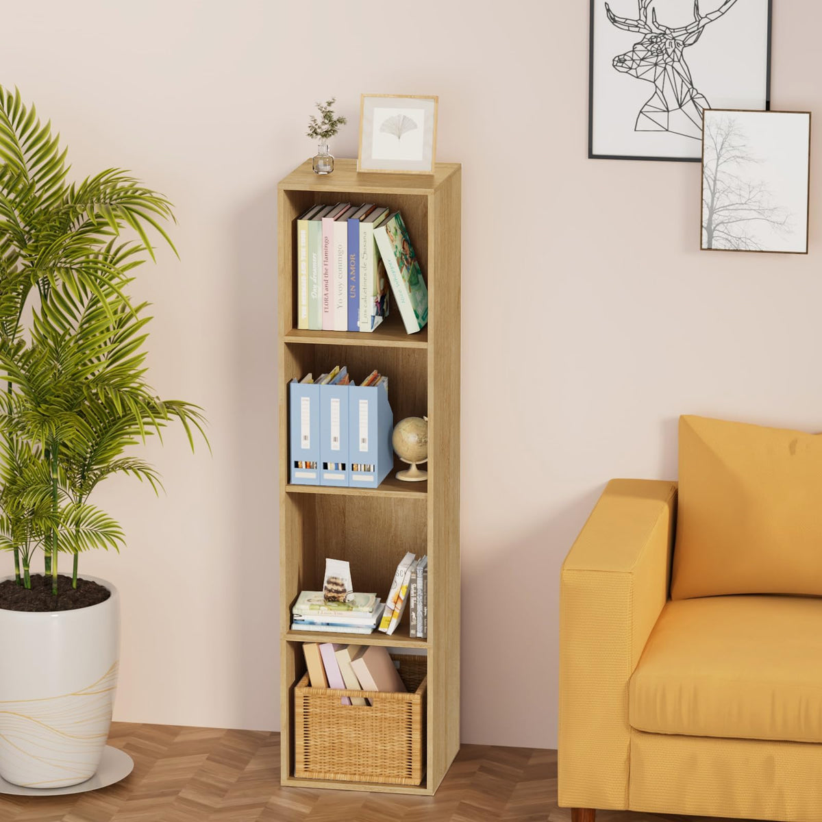Nestwise 4 Tier Bookshelf, Freestanding Corner Storage Shelve Book Case for Narrow Space, 4 Cube Storage Organizer Small Bookcase for Home Office Living Room (Oak, 4 Cube)