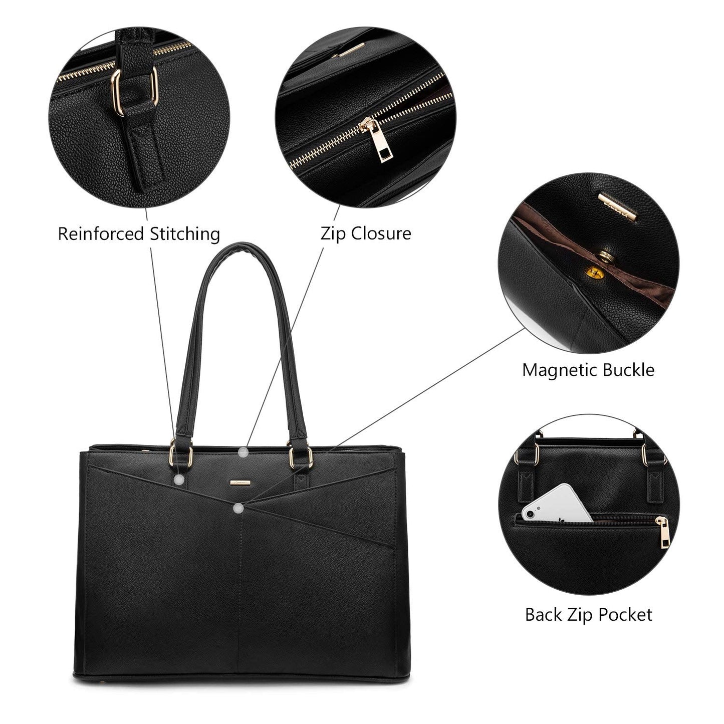 LOVEVOOK Laptop Tote Bag for Women 15.6 Inch Waterproof Leather Computer Bags Business Office Work Briefcase Black
