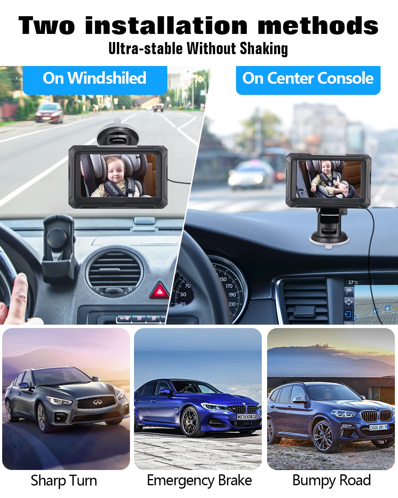 Zacro Baby Car Camera HD 1080P - Baby Car Mirror 4.3'' Display for Rear Seat with Night Vision Function, Wide View Angle, Reusable Sucker Bracket, Black