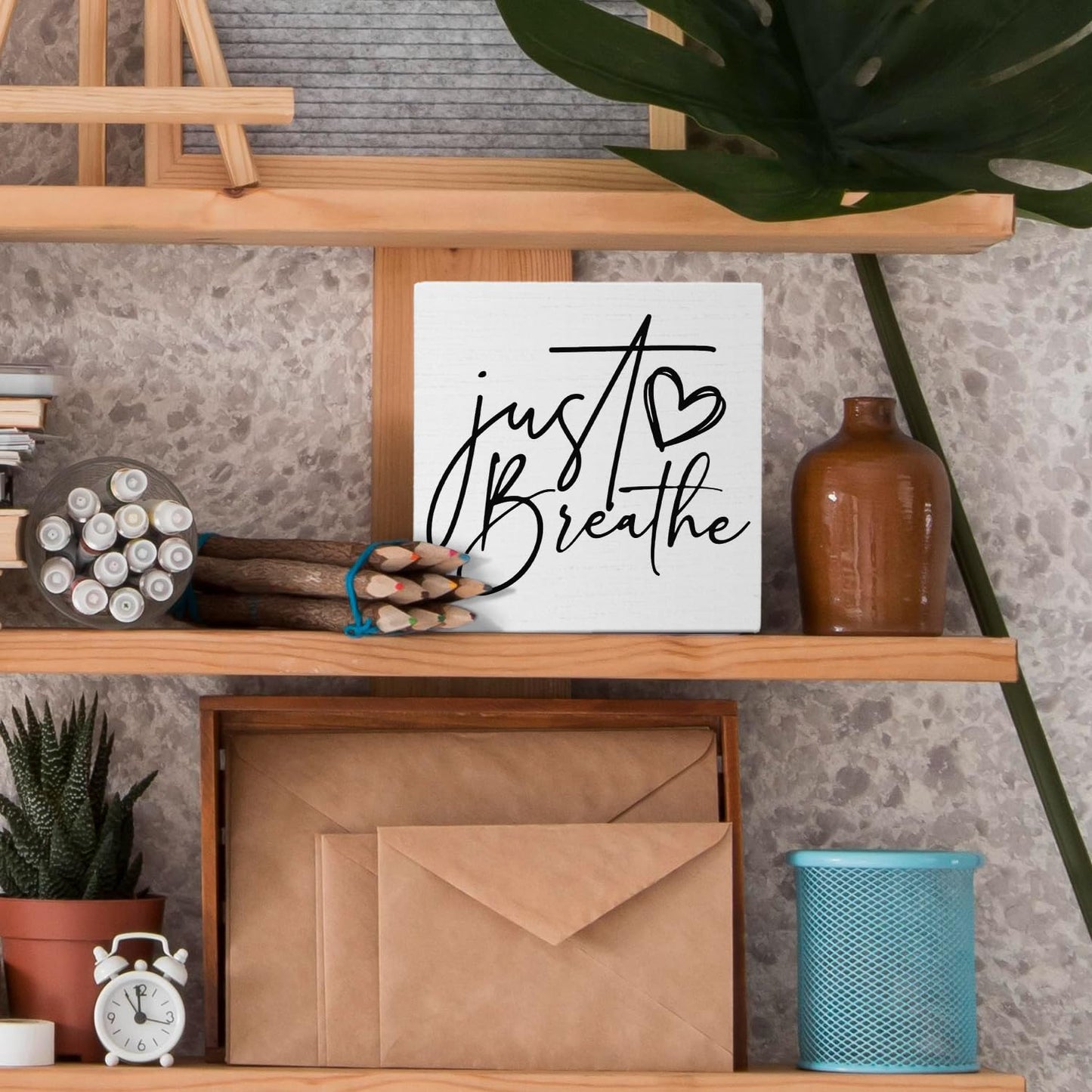 Nvotell Inspirational Desk Decor, Just Breathe Mental Health Wooden Box Sign, Motivational Positive Wood Block Plaque for Home Office Desk Shelf Tabletop Decor 5x5 Inch