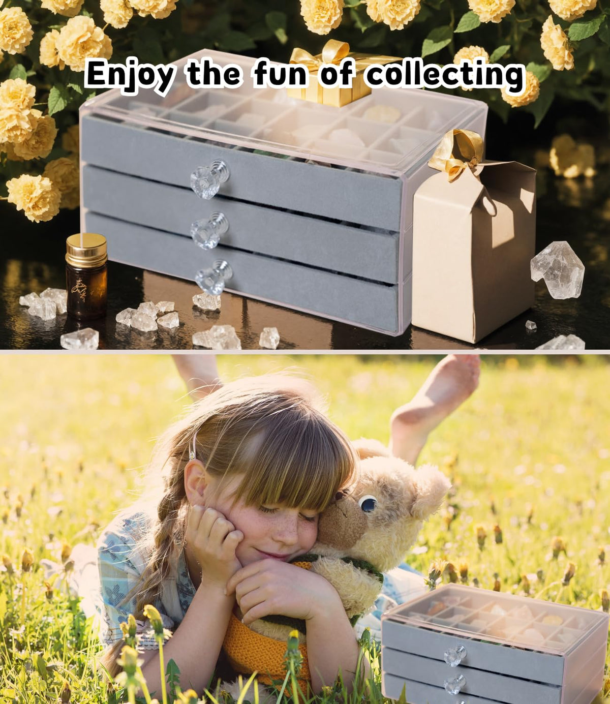 Acrylic Mineral Display Case - 3-Layer Rock Collection Box with 54 Grids & Velvet Lined Drawer | Anti-Tarnish & Dust-Proof Storage for Crystals, Gemstones, Fossils | Jewelry and Specimen Organizer