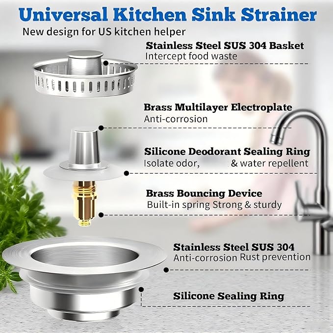 1Count 3-in-1 Kitchen Sink Drain Strainer & Stopper