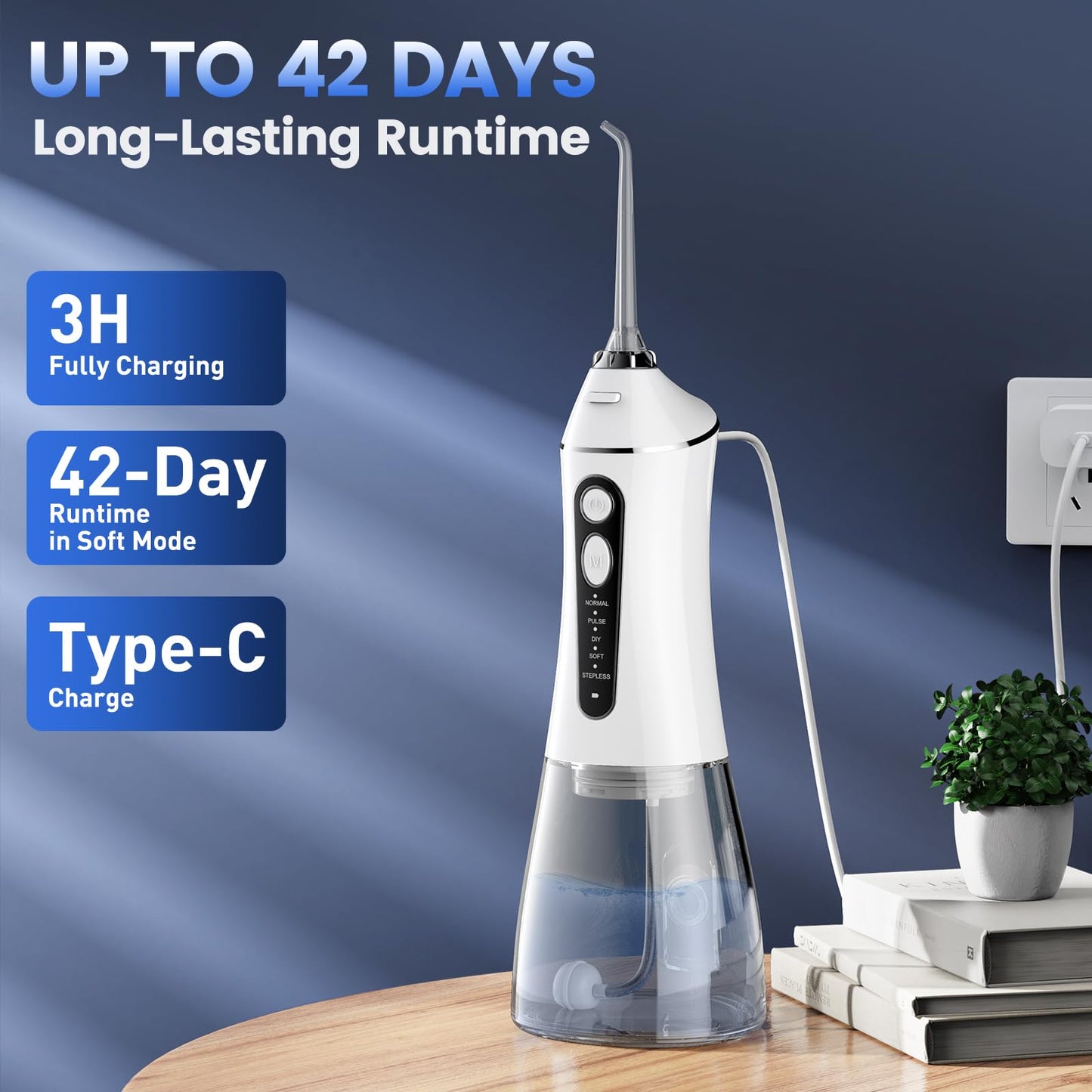 Water Flosser for Teeth Cleaning and Flossing, 5 Modes Rechargeable Cordless Oral Irrigator 320ml Water Tank Teeth Cleaner, IPX7 Waterproof Portable Electric Dentel Flossers for Home and Travel,Pink