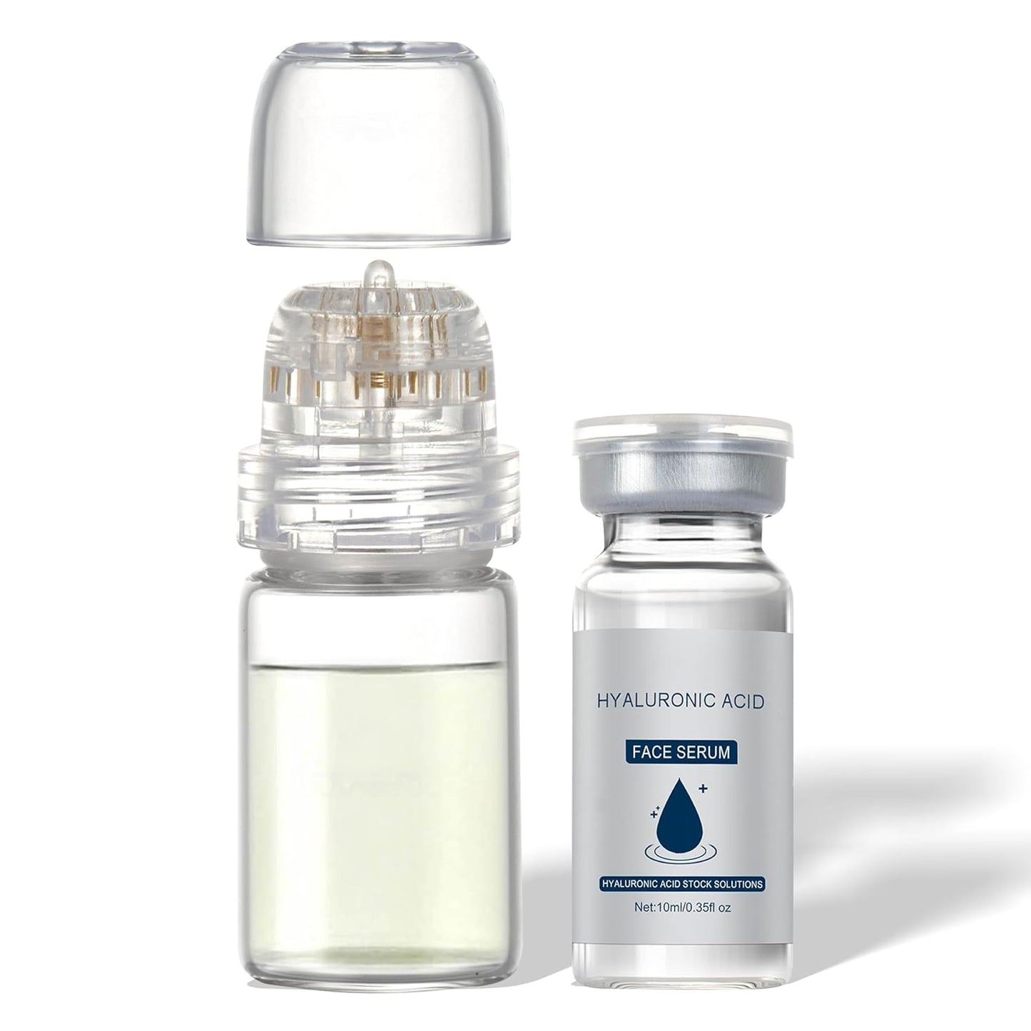Microrevive Titanium Micro Infusion Facial System - Home Microneedling Kit with Collagen-Stimulating Derma Stamp & Premium Hyaluronic Acid Serum - Set Includes 1 Serum, 1 Applicator & 1 Dropper