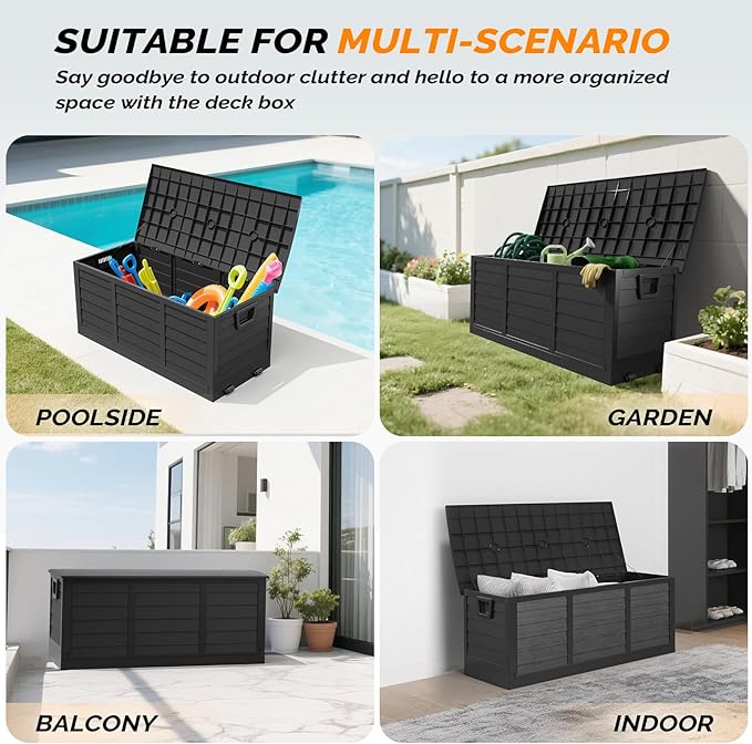 VINGLI 75 Gallon Collapsible Outdoor Storage Box, Simple-to-assemble Plastic Storage Containers with Lid, Patio Deck Box Furniture for Garden, Pool, Balcony, Yard (Full Black)