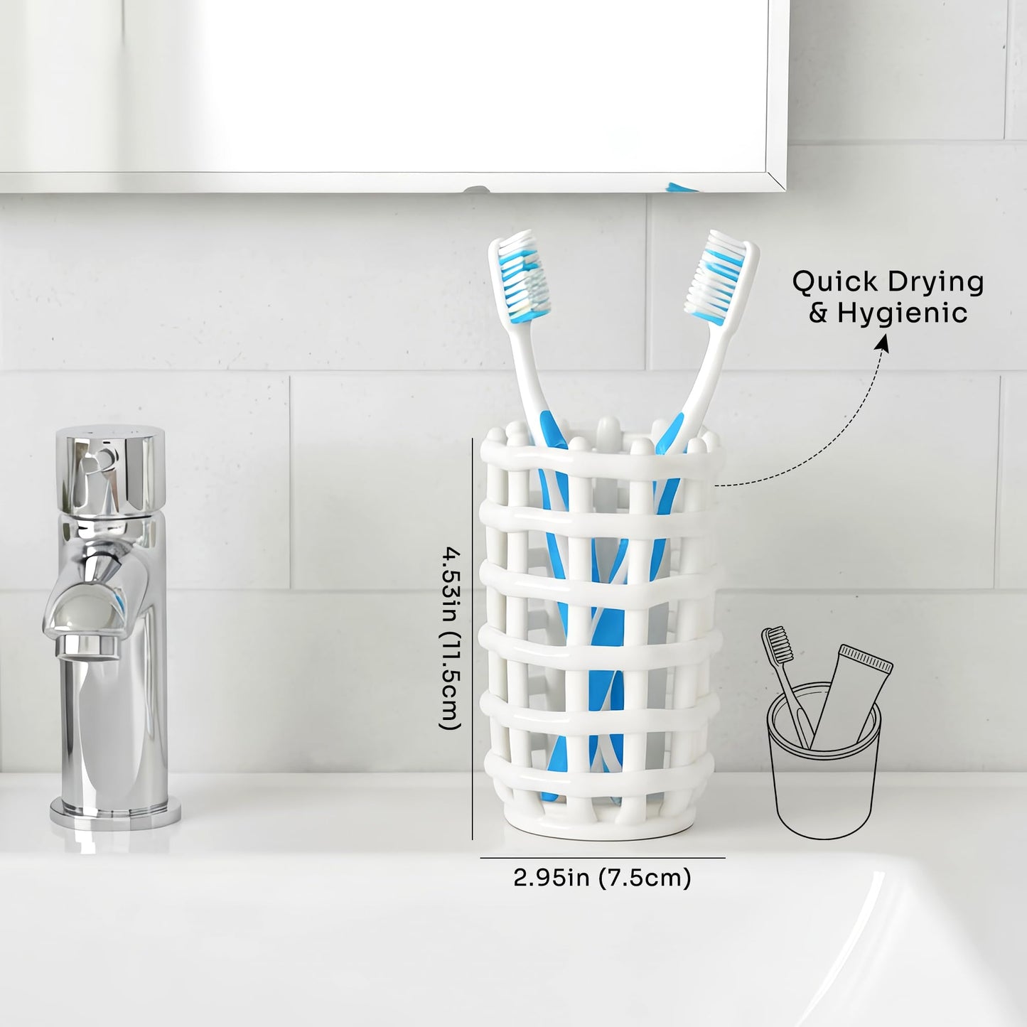 DODAMOUR Ceramic Toothbrush Holder, Boho Woven Grid Bathroom Cup, Breathable Openwork Makeup Brush Organizer, Modern Lattice Stand for Vanity Countertop, Toothpaste Storage - White