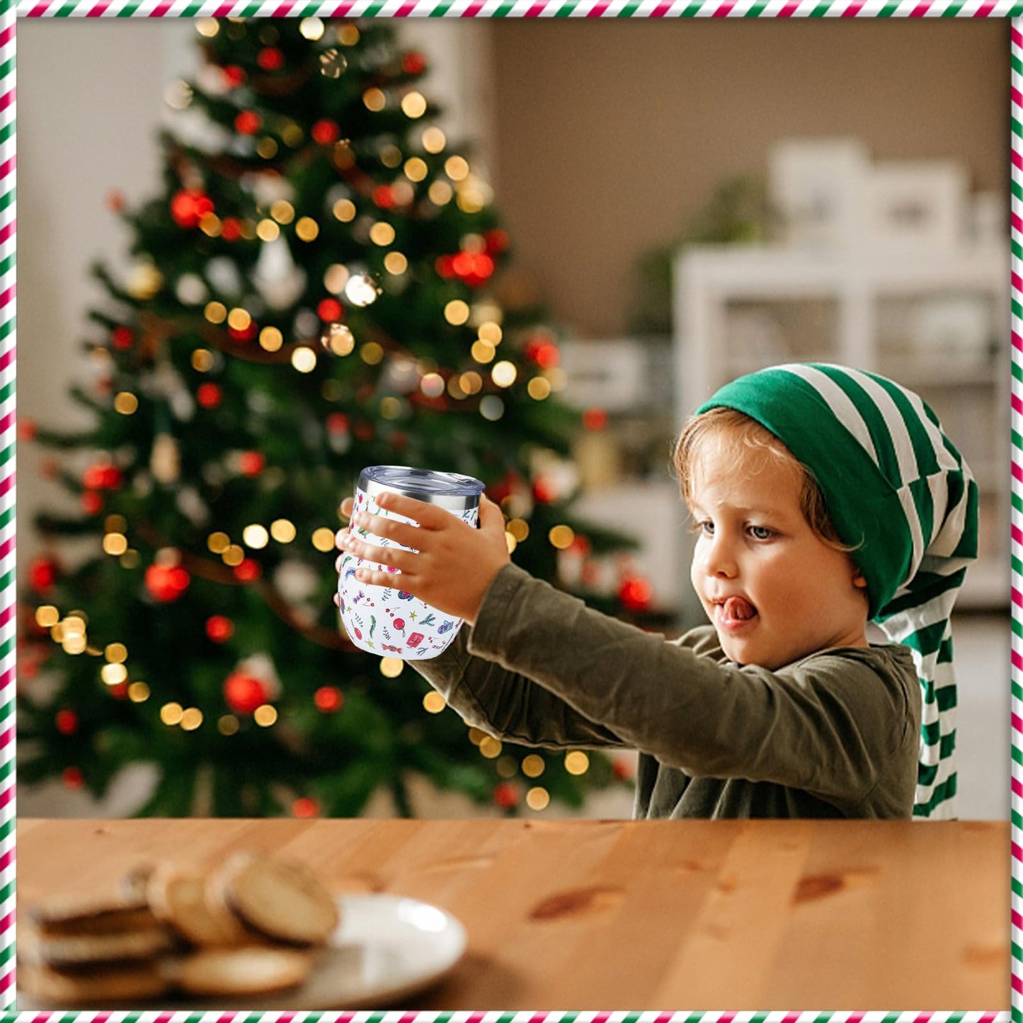 FristChoice 12oz Christmas Wine Tumbler with Lid and Straw,Stainless Steel Insulated Stemless Wine Tumbler Double Wall Vacuum Wine Cups Tumbler Christmas Gifts for Women Men(Xmas Elements,2)