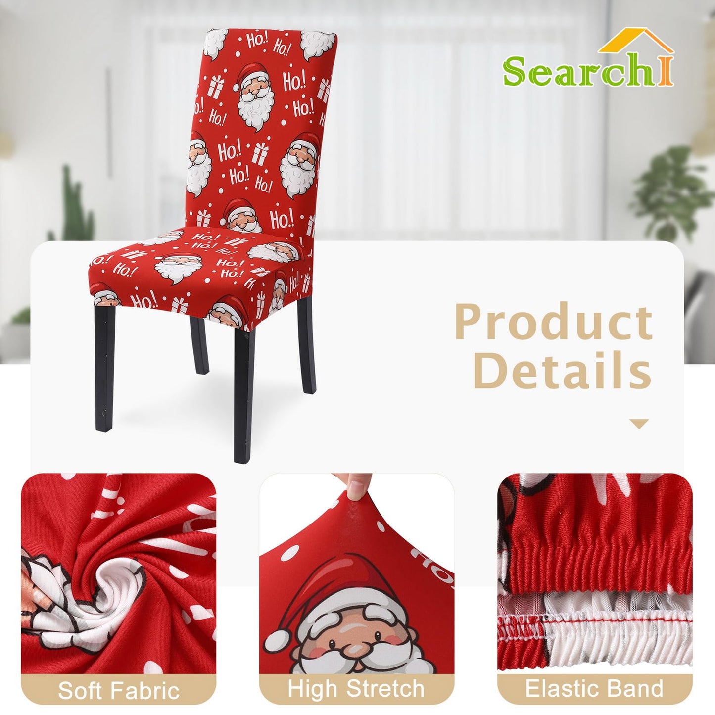 SearchI Christmas Chair Covers Set of 4, Stretch Xmas Kitchen Chair Cover Removable Washable Holiday Parsons Chair Slipcovers for Dining Room, Christmas Decoration, Ceremony(Santa Claus)