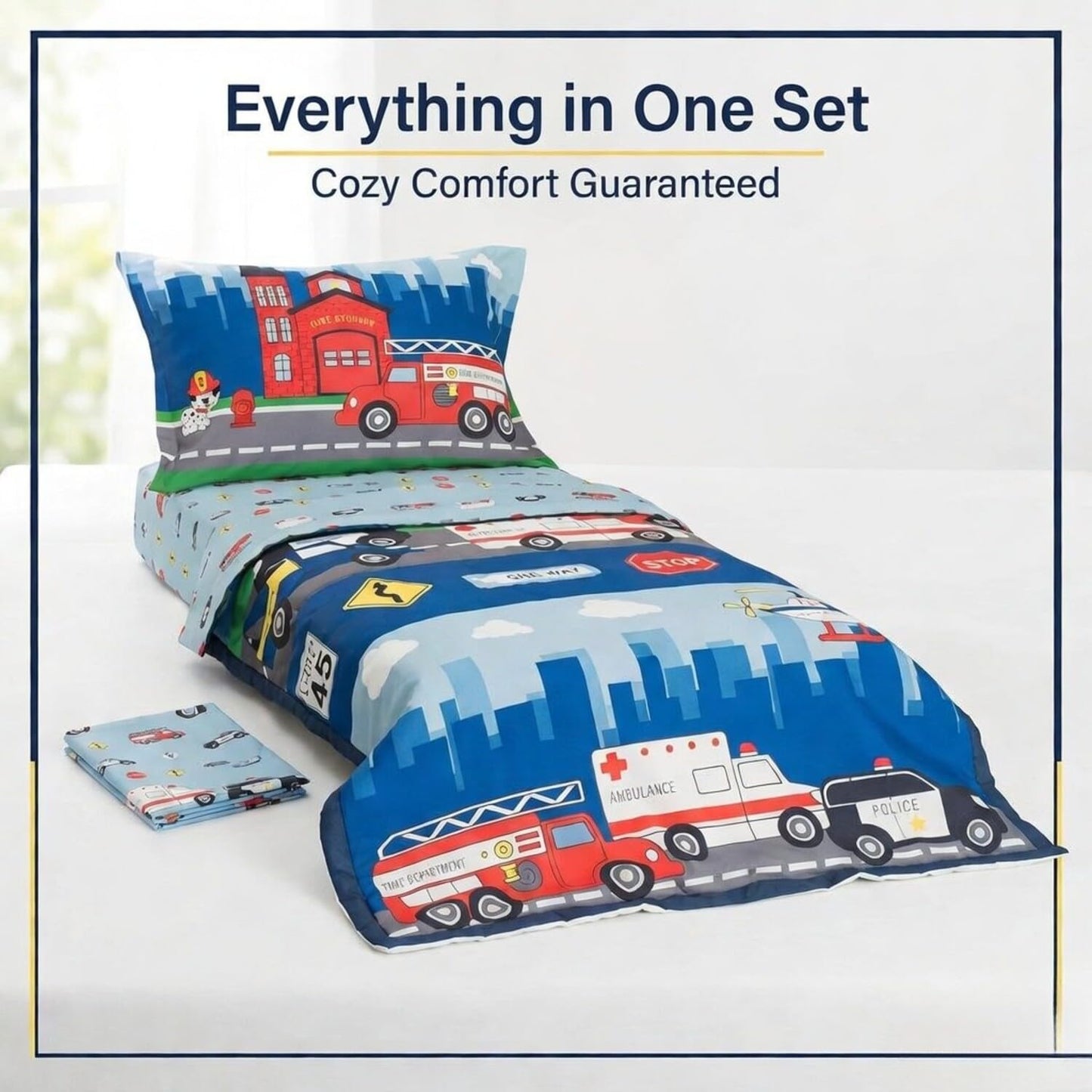 EVERYDAY KIDS 4 Piece Toddler Bedding Set -Fire and Police Rescue- Includes Comforter, Flat Sheet, Fitted Sheet and Reversible Pillowcase