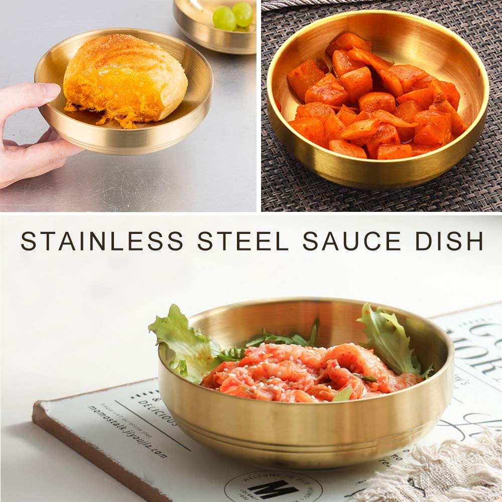 Roucerlin 4 PCS 6 OZ Small Double Deck Stainless Steel Sauce Dish, Round Condiment Tray, Mini Sauce Plate, Sushi Dipping Bowls, Condiment Dish for Restaurant, Home (4 PCS)