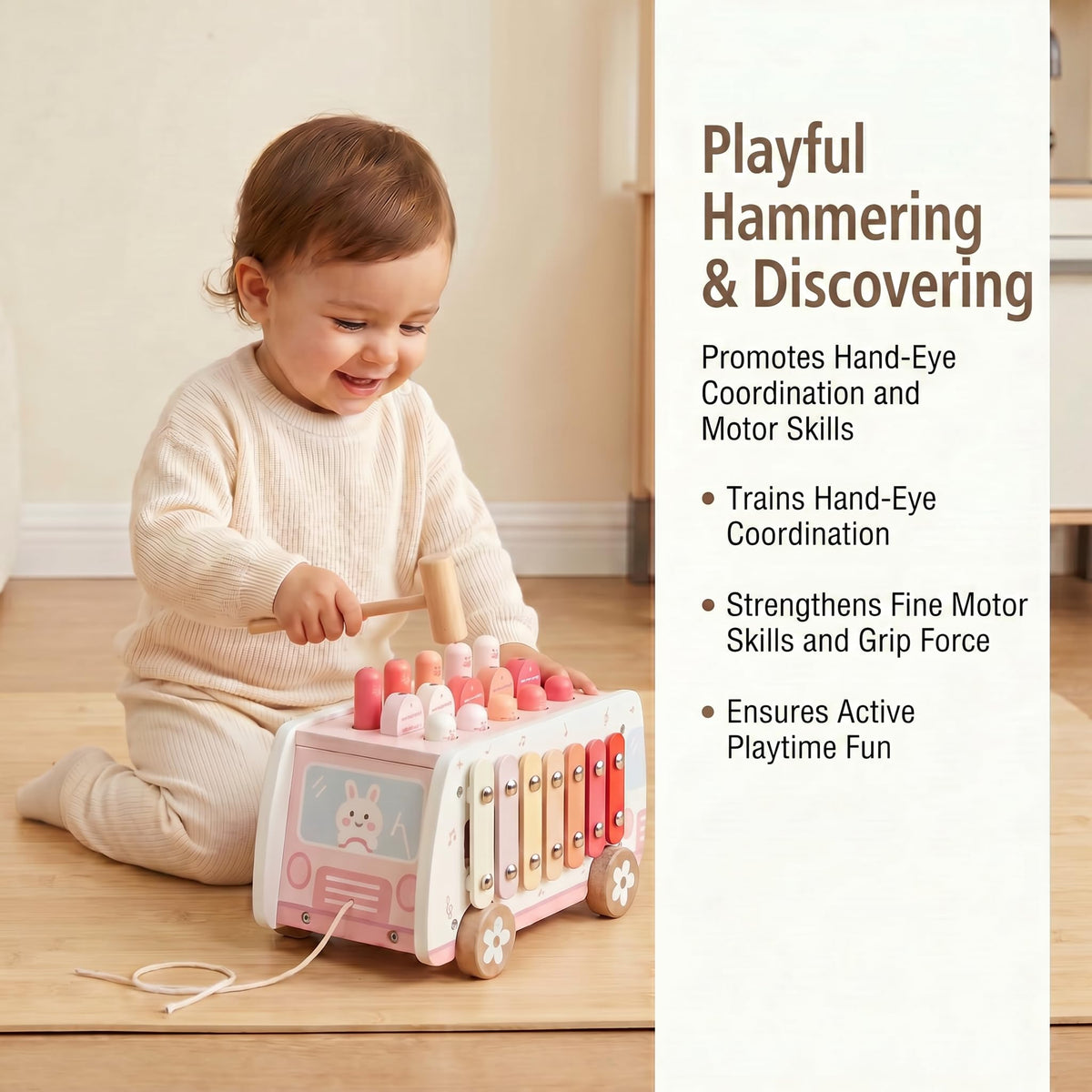 Thirrni 5-in-1 Wooden Montessori Toy for Toddlers 1-3, Pounding, Xylophone, Magnetic Fishing, Gear and Push Car Activity Toy for Learning and Fine Motor Skills