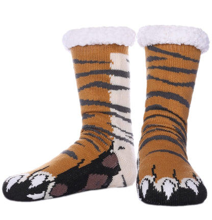 SDBING Mens Slipper Socks with Grippers Winter Warm Cozy Thick Fuzzy Indoor Fluffy Home Socks (Tiger Paw, 6-10)