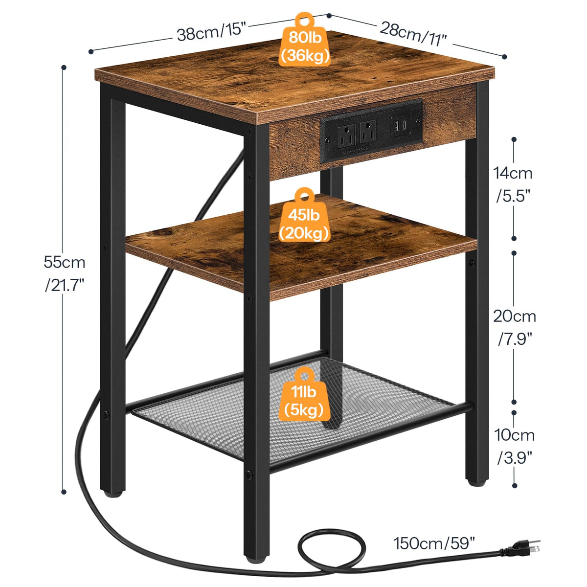 HOOBRO Side Table with Charging Station and USB Port, Small End Table for Small Space, 3-Tier Nightstand with Adjustable Shelf, for Living Room, Bedroom, Rustic Brown BF112BZ01
