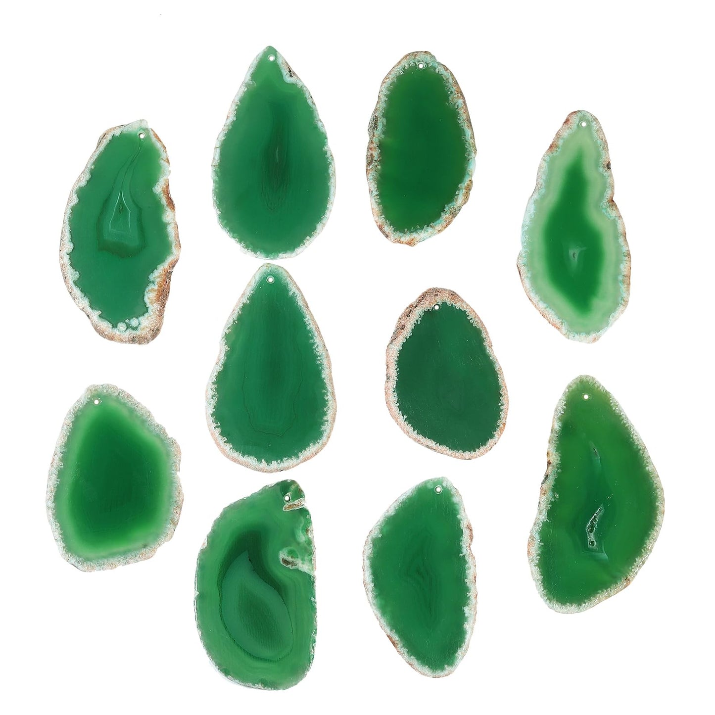 dssmboom Set of 10 Irregular Agate Slice for Jewelry Making, Polished Drilled Holes Agate Stone Geode for Home Decoration Place Name Cards DIY, Green