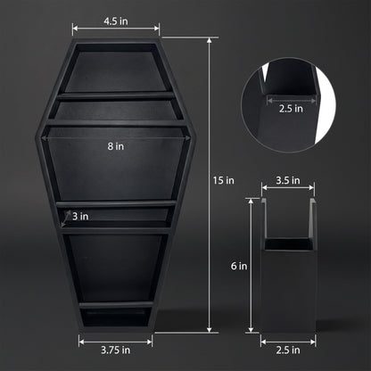MANNY'S MYSTERIOUS ODDITIES Coffin Shelf Gothic Makeup Organizer Set with Brush Holder & Gift Box, Gothic Decor Accent for Glam Vanity or Spooky Gifts Display - 15 Inches by 8 Inches