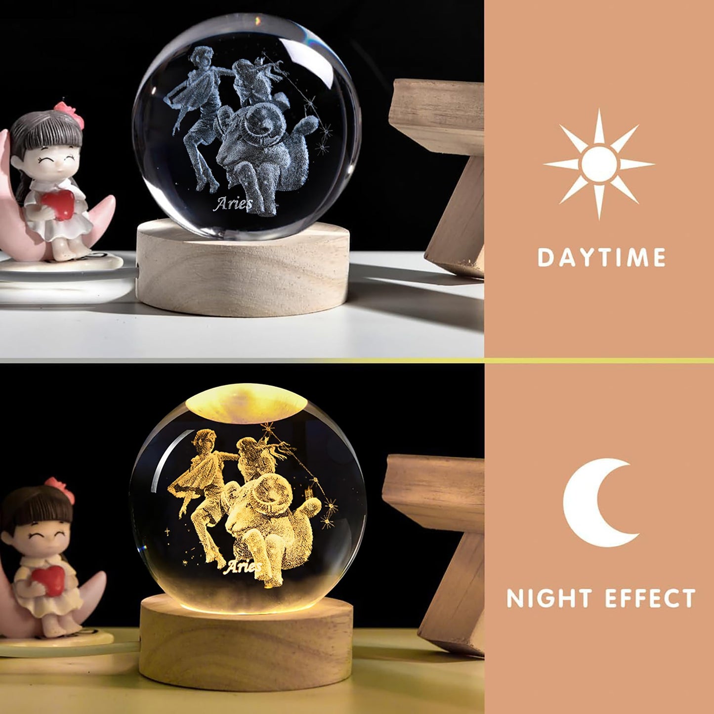 QIANCHANG 3D Laser Etched Aries Crystal Ball with LED Light Stand, Constellation Decor Glass Sphere Lamp, Zodiac Astrology Birthday Gifts for Women Kids