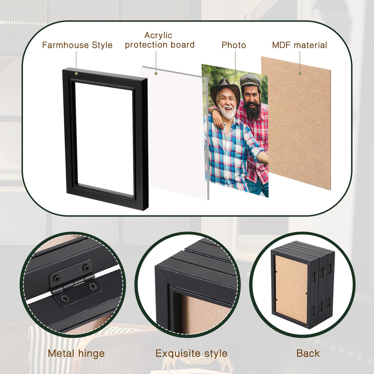 Sintuff 2 Pack 6 Folding Hinged Picture Frame Graduation Photo Frame High Definition Natural Wood Picture Collage for Desktop Display Family Graduation Birthday Mother's Day Gift(Black,4x6 in)
