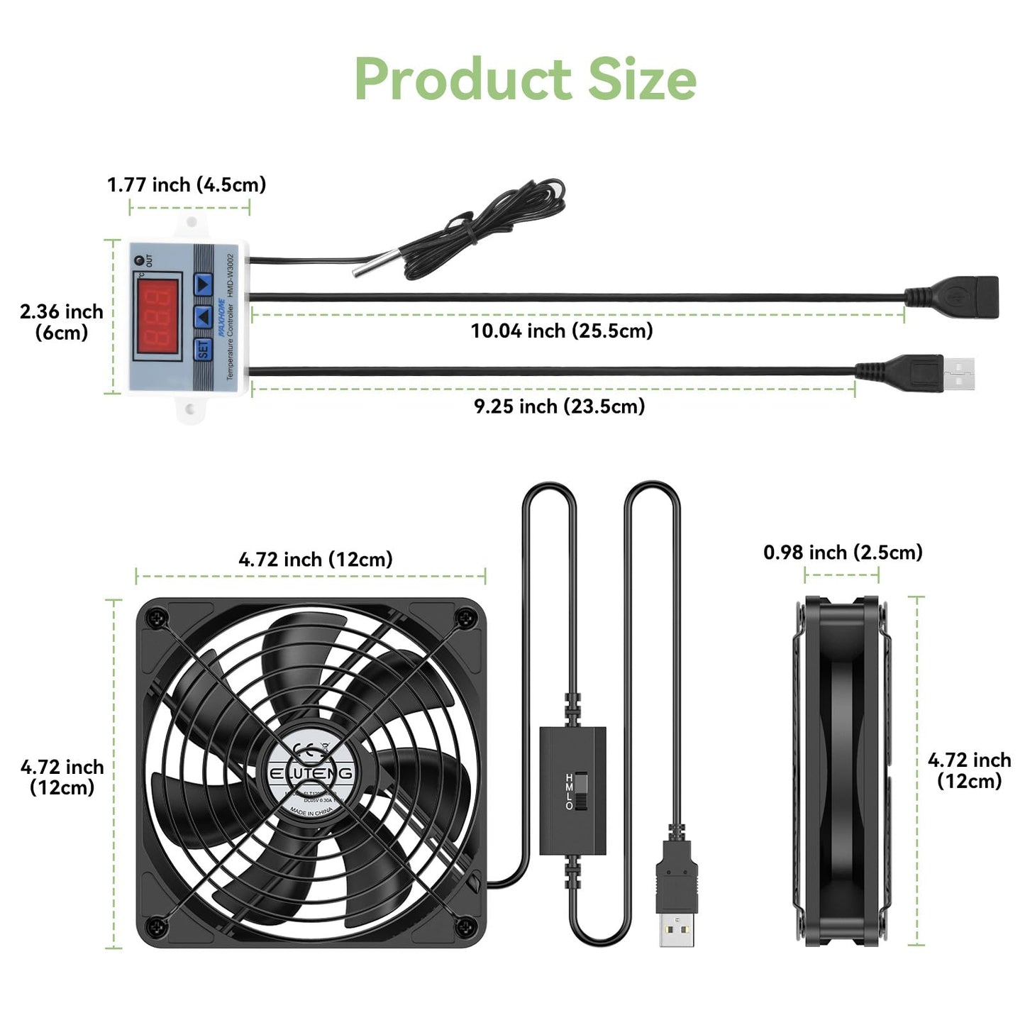 ELUTENG USB Fan 120mm with Digital Temperature Controller, PC Fan 1500RPM 3 Adjustable Speeds with Metal Grill for Laptop/TV Box/AV Cabinet/PS5/Router