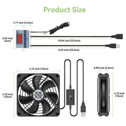 ELUTENG USB Fan 120mm with Digital Temperature Controller, PC Fan 1500RPM 3 Adjustable Speeds with Metal Grill for Laptop/TV Box/AV Cabinet/PS5/Router