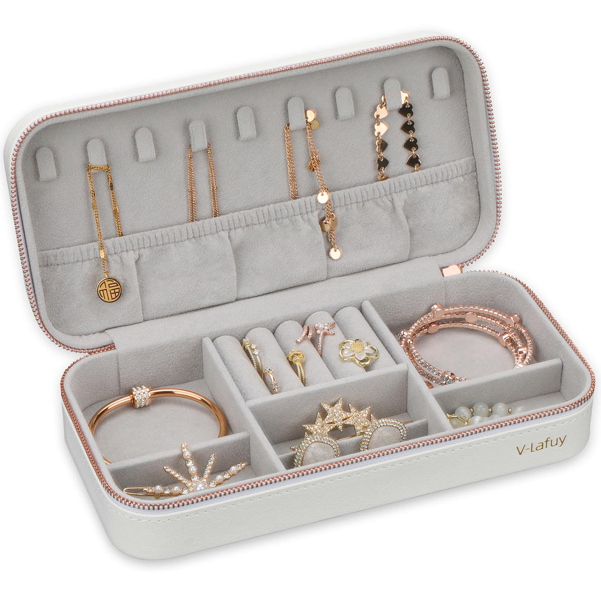 V-LAFUY Jewelry Box Small Jewelry Boxes, PU Leather Portable Travel Jewelry Case, Large Capacity for Rings Earrings Necklaces Bracelets Watch, White C