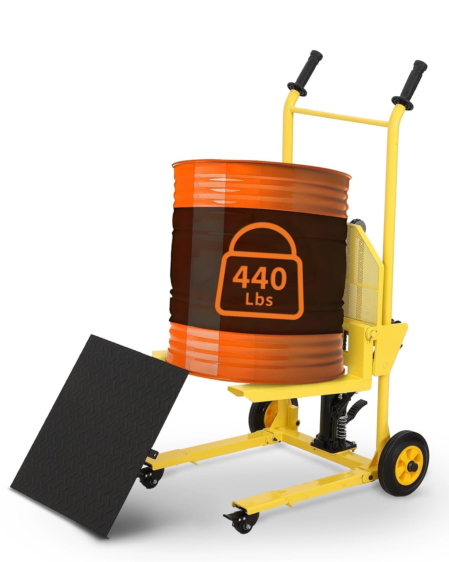 Hydraulic Material Lift and Pallet Stacker - 440 Lbs Capacity Manual Winch Stacker with 36 Inch Max Lift Height - Mobile Forklift Truck Dolly and Pallet Jack with Diamond Plate Steel Platform, Yellow