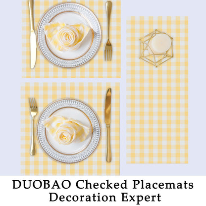DUOBAO Plaid Checkered Placemats Set of 4 | 18x12 Inch Holiday Table Mats for Christmas, Weddings, Family Dinners | Machine-Washable Yellow Design